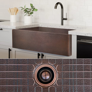 FOSSIL BLU Luxury Heavy 12-Gauge Copper Farmhouse Sink, Includes Accessories, Flat Front