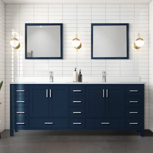 LEXORA Jacques 84 in. W x 22 in. D Navy Blue Double Bath Vanity, White Quartz Top, and 34 in. Mirrors