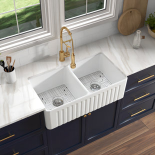 MOHOME Athena 33" L x 18" W Double Bowl Farmhouse Kitchen Sink with Sink Grid and Basket Strainer