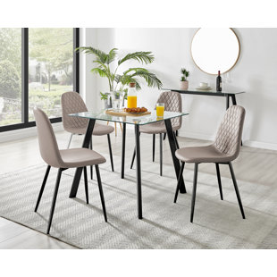 CANORA GREY Scandinavian Style Glass and Metal Leg Square Dining Table Set - 4 Modern Faux Leather Dining Chairs