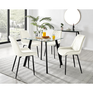 CANORA GREY Scandinavian Style Glass and Metal Leg Square Dining Table Set - 4 Modern Velvet Dining Chairs