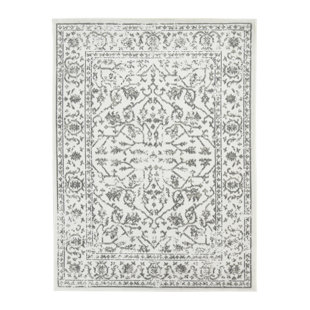 BUNGALOW ROSE Calam Traditional Bordered Durable Performance Gray/Ivory Area Rug