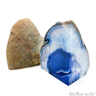 GEMMARTUSA Blue Geode Bookend, Unique Agate Bookend Pair, Mineral Rock Bookend Set