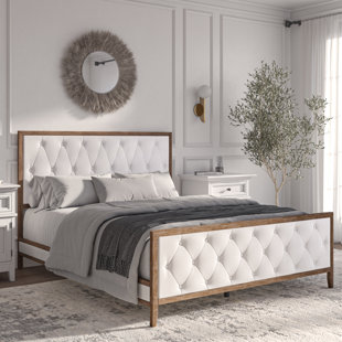 GRACIE OAKS Stella Queen Solid Wood and Tufted Bed Frame