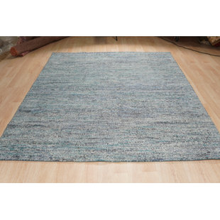 EORC Modern and Stylish Natural Silk Solid Abstract Hand-Knotted Wool Indoor Blue Rectangular Area Rugs