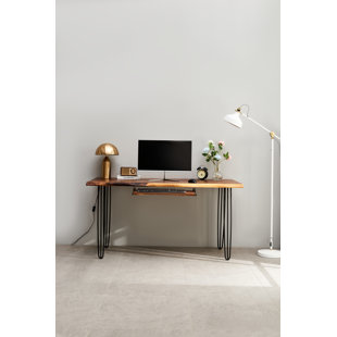 KEELAN SCOTT Live Edge Desk with Hairpin Legs and South American Walnut, Live Edge Desk with Keyboard Tray