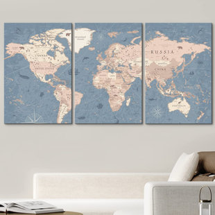 IDEA4WALL World Map Large Blue Global Antique - Framed Canvas 3 Piece Print Triptych Set Wall Art