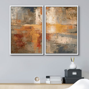 IDEA4WALL Grunge Abstract Paint Stroke Effect " Dark Brown Blue Pastel Strokes " 2 - Pieces