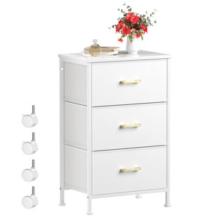 MERCER41 Nightstand, Small Dresser for Bedroom, End Table with 3 Drawer, Leather Finish Wood Top, White Pink