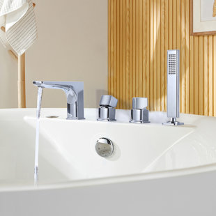 TOMFAUCET 14.16" Solid Brass Double Handle Deck Mounted Roman Tub Faucet With Handshower