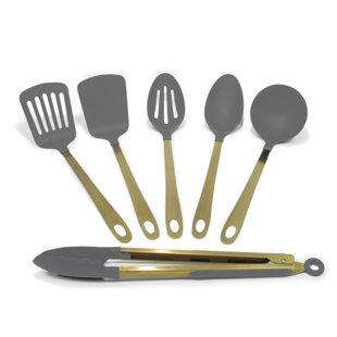 COOK PRO 6 Pc Utensil Set W/Gold Plated Handle Gray