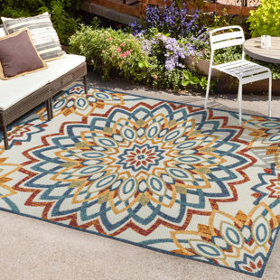 BUNGALOW ROSE Flora Abstract Bold Mandala High-Low Red/Blue/Yellow Indoor/Outdoor Rug