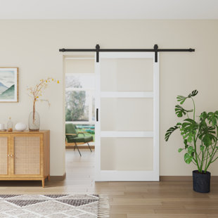 HOME WORTHY Glass and Manufactured Wood White Barn Door with Installation Hardware Kit