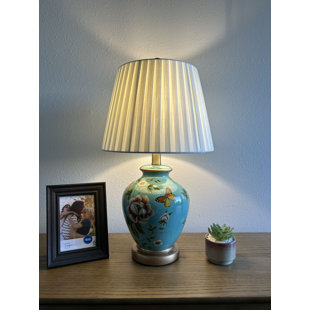 ROSDORF PARK Blue Ceramic Table Lamp Butterfly Flowers For Living Room Bedroom Bedside 12"W*12"D*22"H