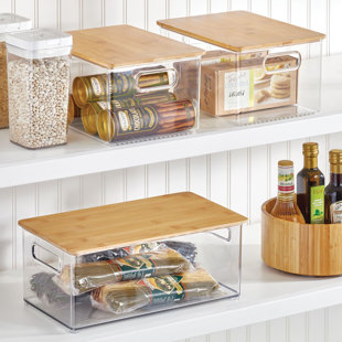 mDesign Plastic Kitchen Storage Box - Bamboo Lid, Handles