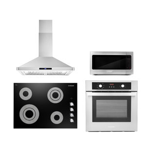 Cosmo 4 Piece Kitchen Appliance Package with 30'' Electric Cooktop , Wall Oven , Built-In Microwave , and Wall Mount Range Hood