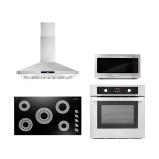 Cosmo 4 Piece Kitchen Appliance Package with 36'' Electric Cooktop , Wall Oven , Built-In Microwave , and Wall Mount Range Hood