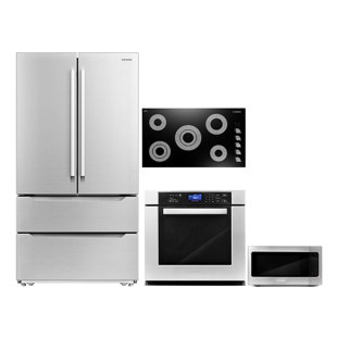 Cosmo 4 Piece Kitchen Appliance Package with French Door Refrigerator , 36'' Electric Cooktop , Wall Oven , and Built-In Microwave