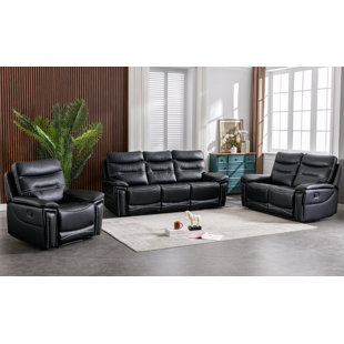 BONZY HOME 3 - Piece Breathable Leather Brass Rivet Manual Reclining Living Room Set, Armchair Loveseat Sofa