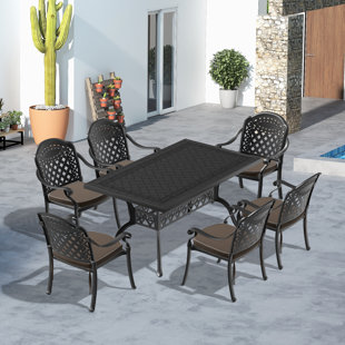 MIRROR FLY 7-Piece 59.06" L 35.43" W Rectangular Table Cast Aluminum Outdoor Dining Set with Random Color Cushions