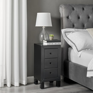 LATITUDE RUN Nekizia Small Slimline 3 Drawer Mirrored Bedside Cabinet - Luxury Modern Bedside Table Nightstand