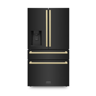 ZLINE 36" Autograph Edition 21.6 Cu. Ft 4-Door French Door Refrigerator with Water and Ice Dispenser in Black Stainless Steel with Champagne Bronze Square Handles