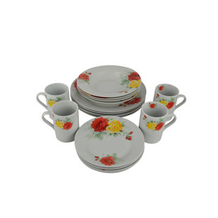 THREE STAR IM/EX INC. Dinnerware Set - Service for 4 with Floral Rose Accents