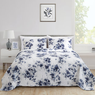 WONDERFUL TEXTILE Demarean Floral in Ink 3 Piece Quilt Set, Flower Cotton Blend Quilt Set,Machine Washable and Tumble Dryable