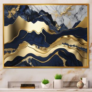 WILLA ARLO™ INTERIORS Rehoboth " Blue And Gold Mesmerizing Marble Abstraction I "