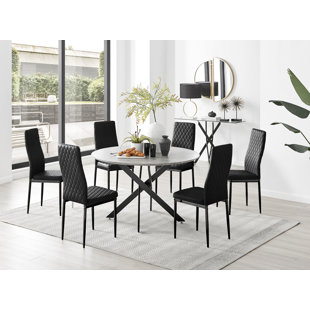 CANORA GREY Tierra Modern Chrome Metal & Glass Round Dining Table Set with 6 Quilted Velvet Chairs