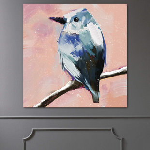 IDEA4WALL Cute White Mountain Bluebird Perched On A Branch In Pink Coral Background On Canvas Print