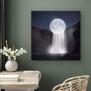 IDEA4WALL Shining Full Moon Mystic Moonlight Star Sky Mountain Range Waterfall On Canvas Print