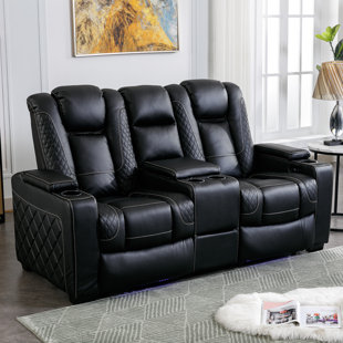 BONZY HOME 73" W Top Leather Power Recliner Loveseat Home Theater with Cup Holder and Ambient Light Strap