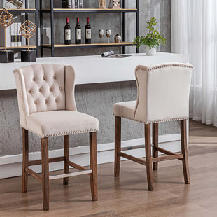 ROSDORF PARK Emily-May Upholstered 27" Seat Height Barstools, Wingback Breakfast Chairs with Nailhead-Trim & Tufted Back (Set of 2)
