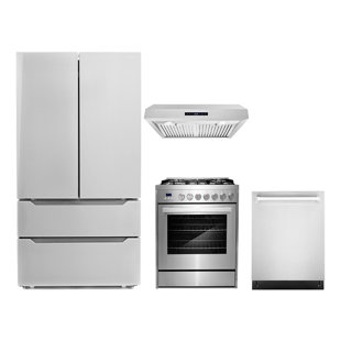 Cosmo 4 Piece Kitchen Appliance Package with French Door Refrigerator , 30'' Gas Freestanding Range , Built-In Dishwasher , and Under Cabinet Range Hood