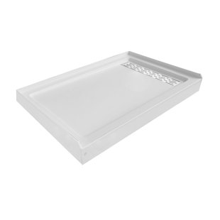 MORVANO 60'' W x 32'' D Glossy White Acrylic Shower Base with Stainless Steel Cover, Right Drain