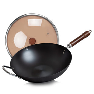 WANGYUANJI 14.2'' Carbon Steel Wok with Glass Lid - Heat Fast