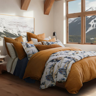 PASEO ROAD BY HIEND ACCENTS Acadia White Blue Copper Forest Print Cabin Lodge Rustic Cotton Comforter Set