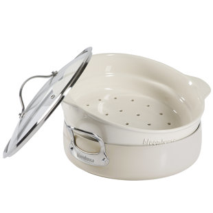 Bloomhouse - Oprah's Favorite Things - 6-QT Aluminum Enamel Everyday Pan W/ Non-Stick Non-Toxic Ceramic Interior And Ceramic Steamer Insert - Oat White