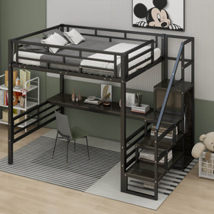 MASON & MARBLES Vivi Full Size Metal Loft Bed with Desk, Storage Staircase and Small Wardrobe