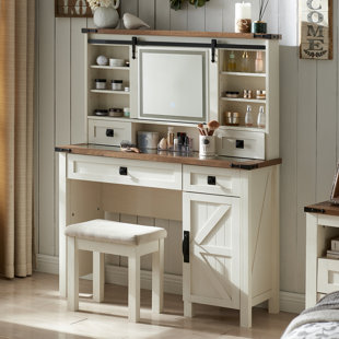 GRACIE OAKS Valyre 42"W Farmhouse Makeup Vanity With Sliding LED Mirror & 3 Light Modes, Wood Vanity Desk For Bedroom, Bathroom