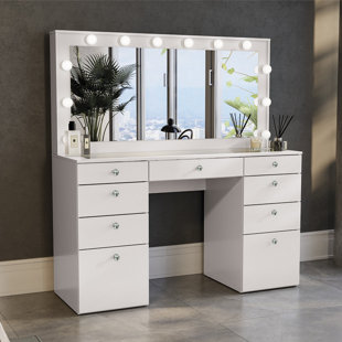 BOAHAUS LLC Boahaus Leonore Extra-Large Makeup Vanity with Lights, Big Mirror with Lights Bulbs Built-in, USB- C/USB Outlet, 9 Drawers, Glass Top for Bedroom