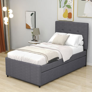 LATITUDE RUN® Twin Size Linen Upholstered Platform Bed With Headboard and Trundle