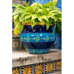 EVERGREEN ENTERPRISES, INC Talavera 12 in. Striped Blue Talavera Chata Planter