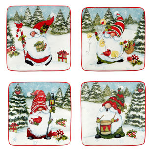 CERTIFIED INTERNATIONAL Christmas Gnomes Set of 4 Canape Plate Square 6" asst.