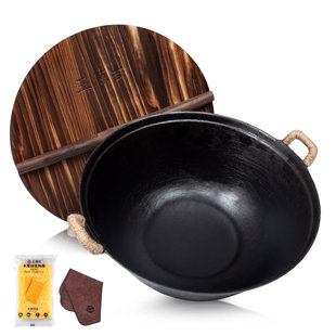 WANGYUANJI 14.2" Handmade Cast Iron Wok with Dual Handle & Wooden Lid
