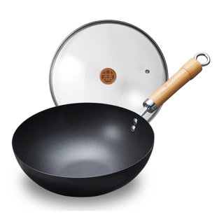 WANGYUANJI 11'' Carbon Steel Iron Wok with Glass Lid, Rust Resistant, No Coating