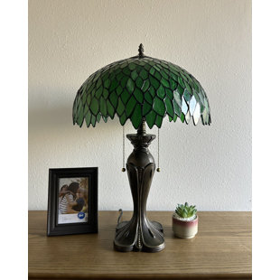 FLEUR DE LIS LIVING Simoson Tiffany Table Lamp Green Stained Glass Green Leaves LED Bulbs Included 16"W*16"D*24"H