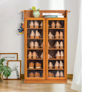 MONIBLOOM 7 Tiers 18 Pairs Rayon from Bamboo Shoe Rack Shelf Floor Cabinet with Visible Doors for Entryway