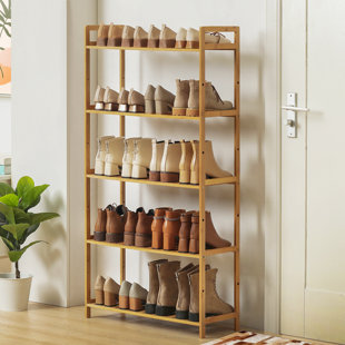 MONIBLOOM 5-Tier 20 Pairs Open Shoe Rack, Bamboo Shoe Storage Stand Organizer Shelf for Sundries